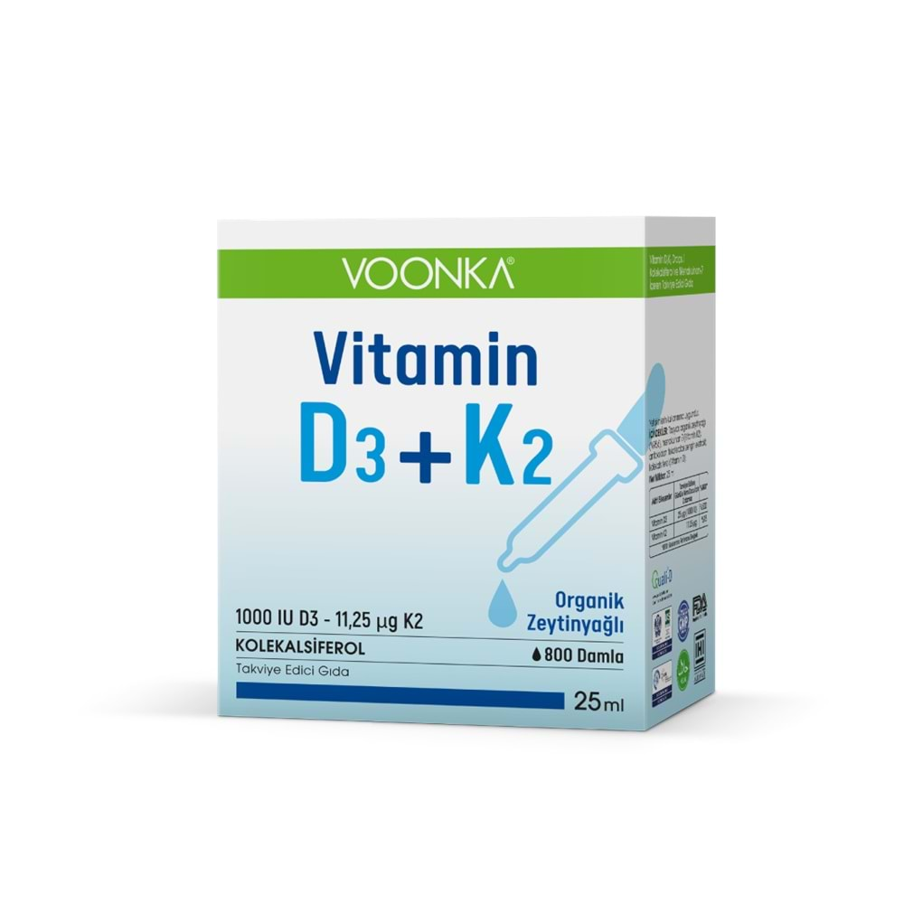 Voonka Vitamin D3K2 Organic Kolekalsiferol ve Menakuinon-7 İçeren Sıvı Takviye Edici Gıda 25 ML