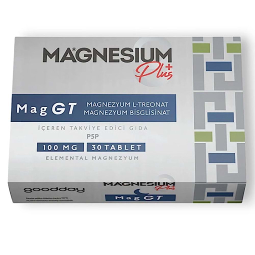 GOODDAY MAGNEZYUM PLUS MAG GT MAGNEZYUM L-TREONAT MAGNEZYUM BİSGLİSİNAT 100 MG 30 TABLET