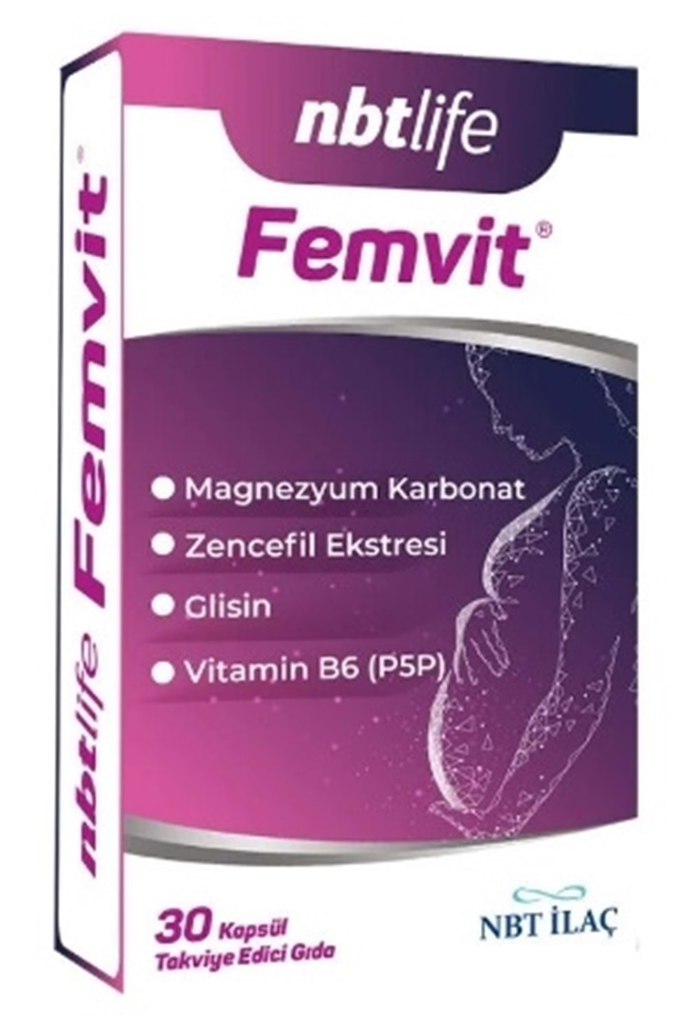 NBTLIFE FEMVIT ZENCEFIL EKSTRESI, VITAMIN B6, GLISIN VE MAGNEZYUM ICEREN TAKVIYE EDICI GIDA 30 kapsül