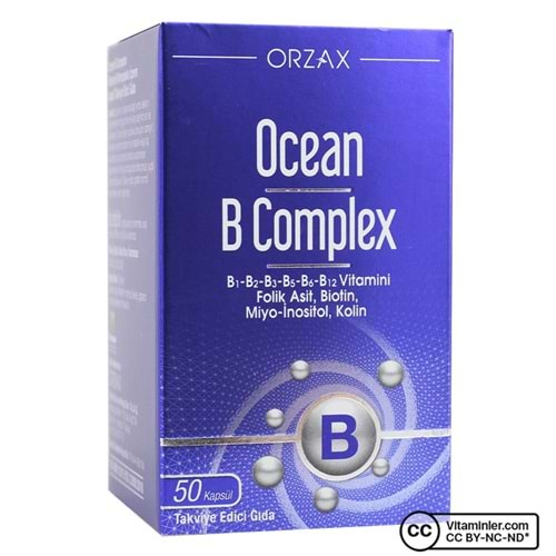 OCEAN B COMPLEX B1,B2,B3,B5,B6,B12,FOLIK ASIT, BIOTIN, INOSITOL, KOLIN ICEREN TAKVIYE EDICI GIDA 50 kapsül