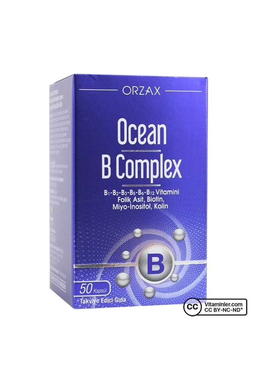 OCEAN B COMPLEX B1,B2,B3,B5,B6,B12,FOLIK ASIT, BIOTIN, INOSITOL, KOLIN ICEREN TAKVIYE EDICI GIDA 50 kapsül