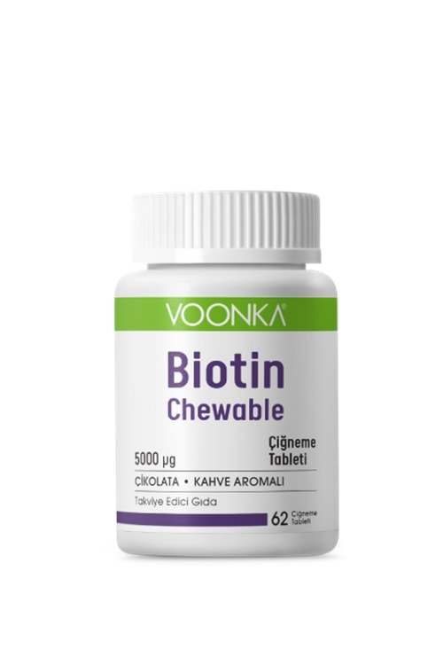 Voonka Biotin Chewable 5000 mcg-Vitamin B7 İçeren Çikolata Kahve Aromalı Takviye Edici Gıda 60 Tb